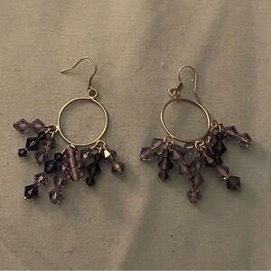 2.5” Long Pierced Dangle Earrings Purple Beaded Beads Clusters On Hoop Boho